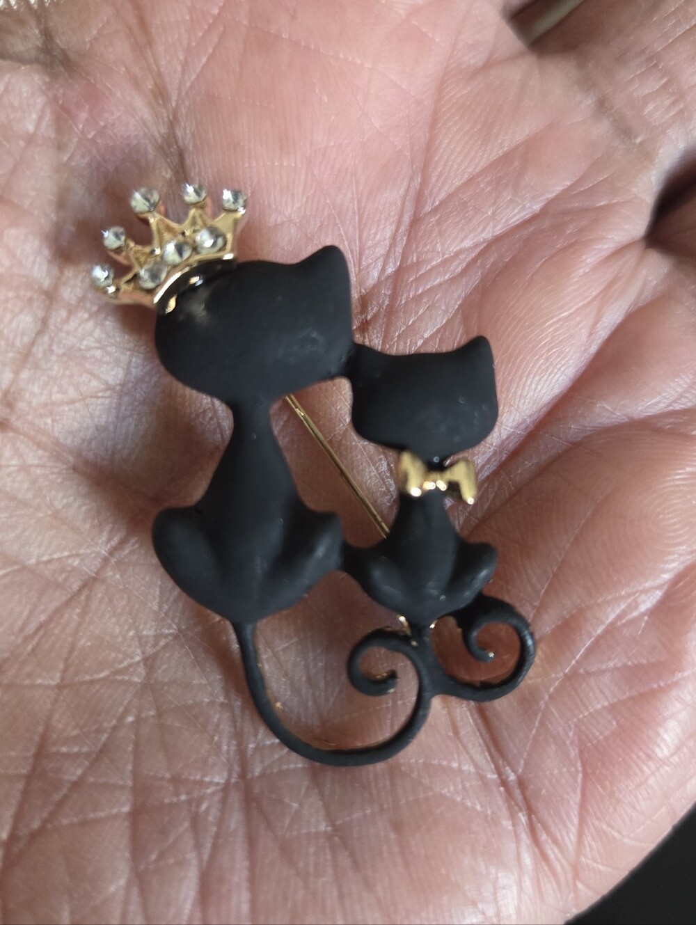 Black Cat Couple Brooch Pin with Gold Crown - NIP